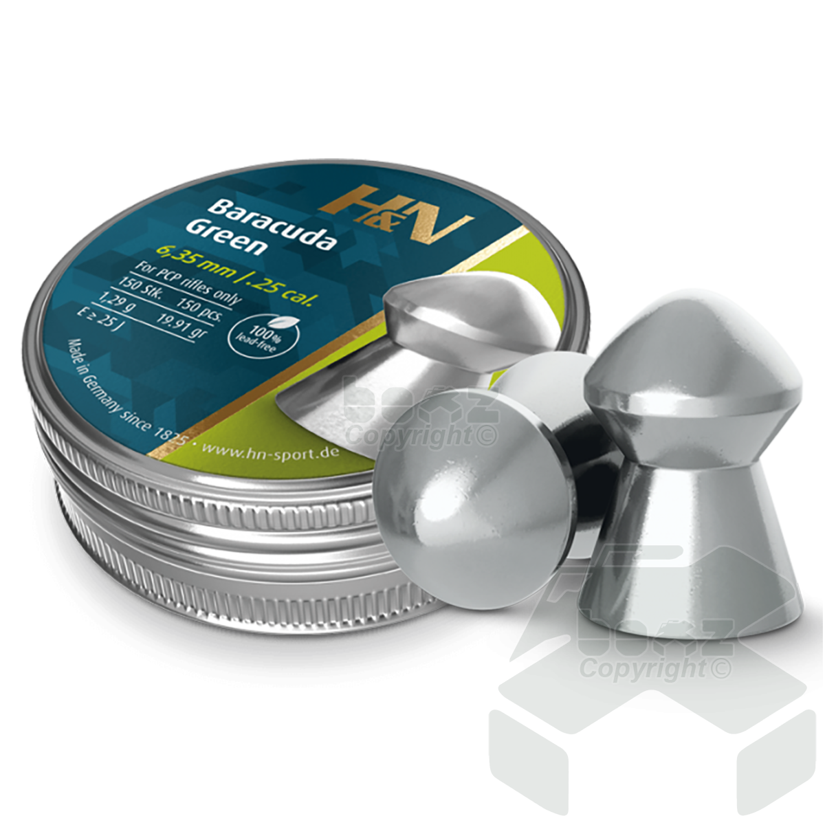 H&N Baracuda Green Pellets 100% Lead Free Tin of 150 - 6.35mm .25 Cal