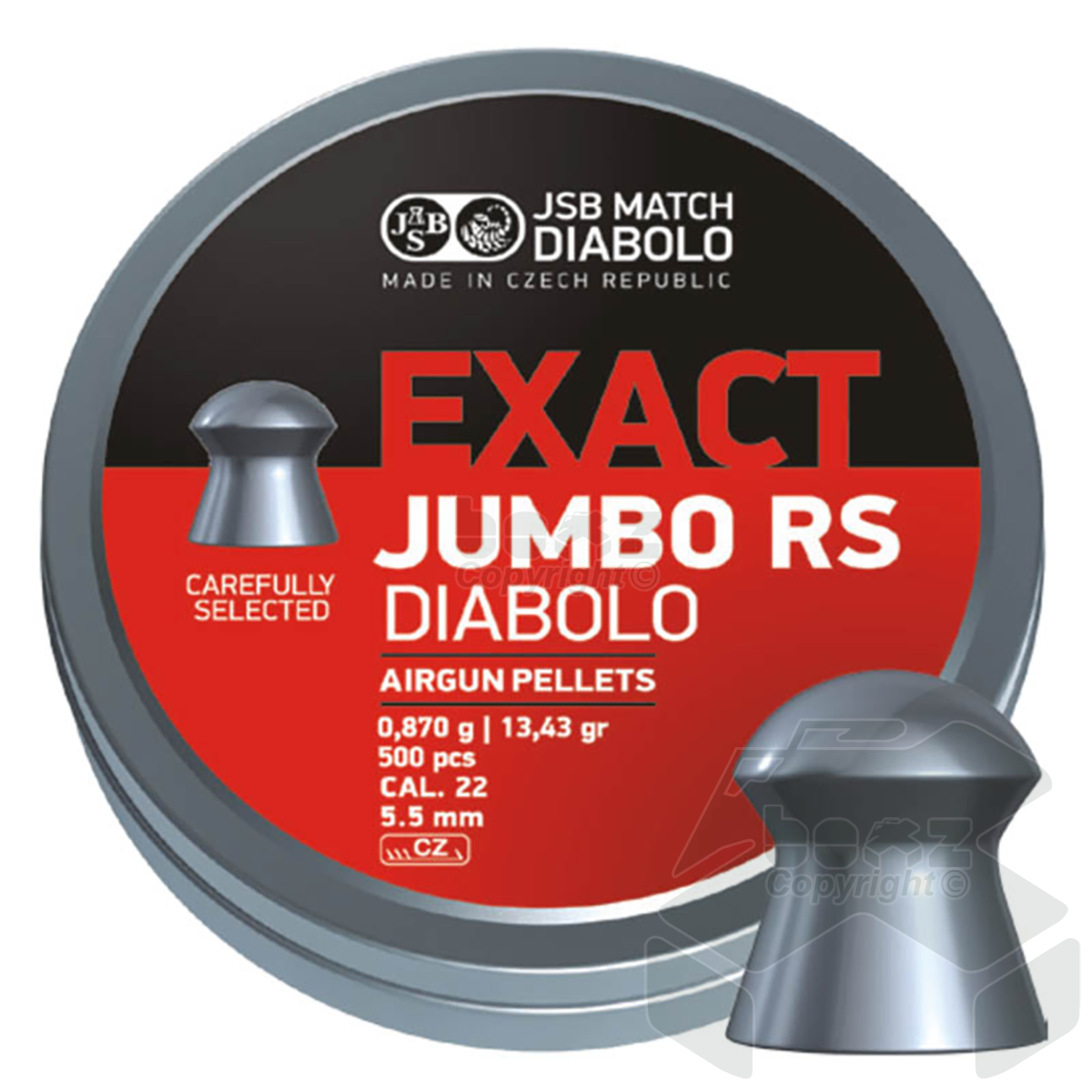 JSB Exact Jumbo RS Diabolo Domed Pellets Tin of 500 - 5.52mm .22 Cal