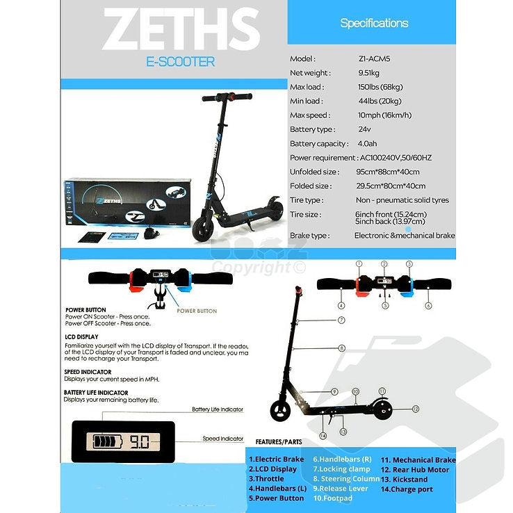 Zeths Large Wheel Electric E-Scooter 24V Battery - 5 Mile Range Max Speed 10mph