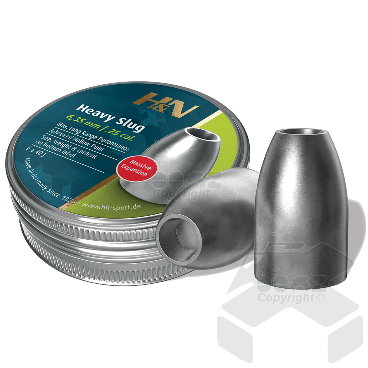 H&N Slug HP Heavy Pellets Tin of 100,120 - 6.34 & 6.36mm .25 Cal