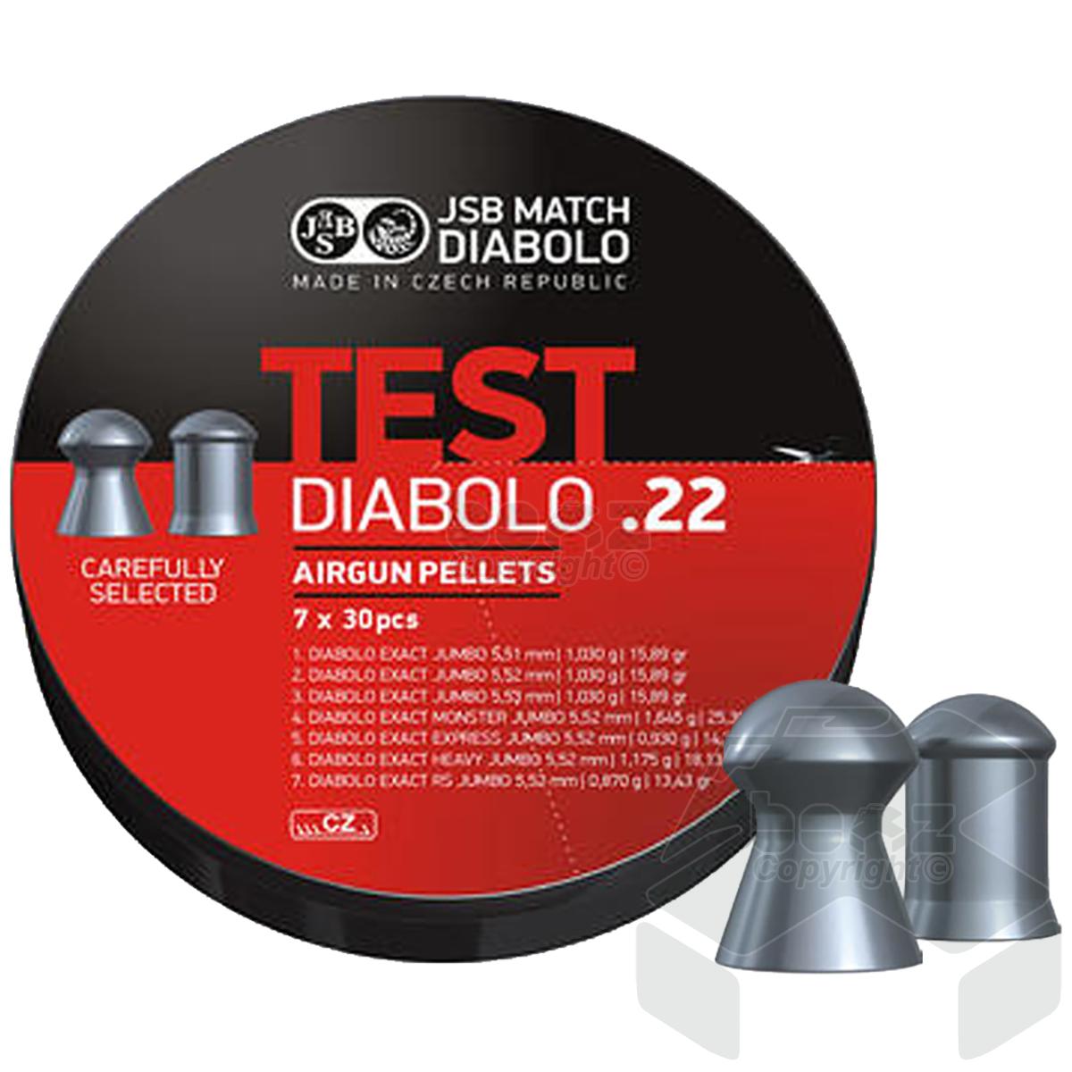 JSB Exact Jumbo TEST Diabolo Domed Pellets Tin of 210 .22 Cal - SAMPLE PACK
